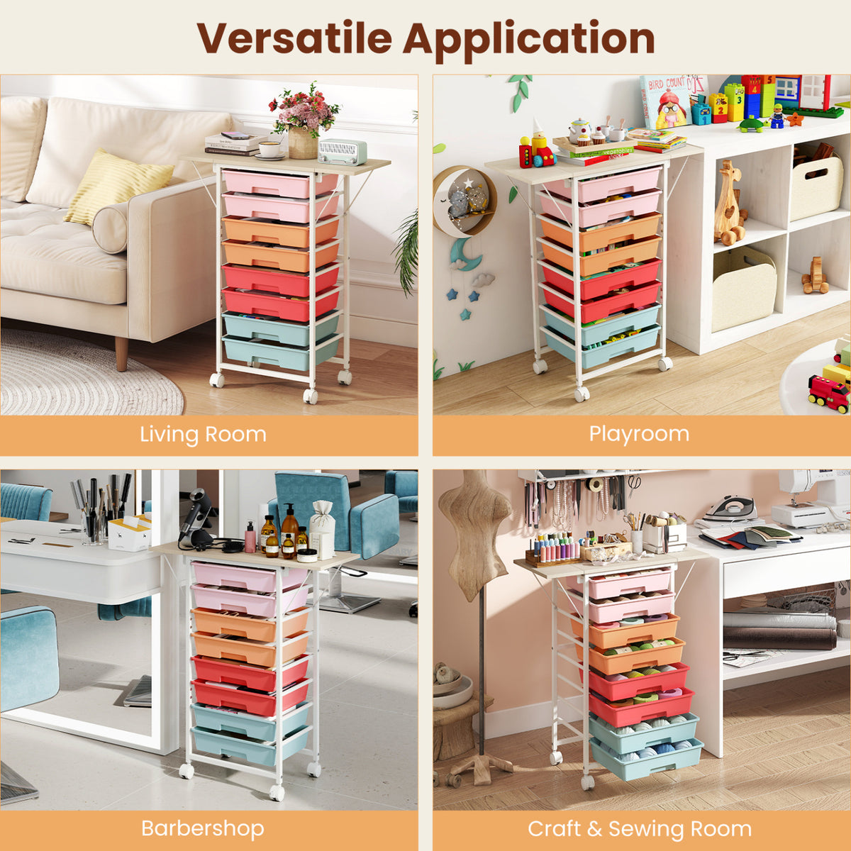 8-Drawer Rolling Cart, Wooden Tabletop, Folding Side Panels, Macaron