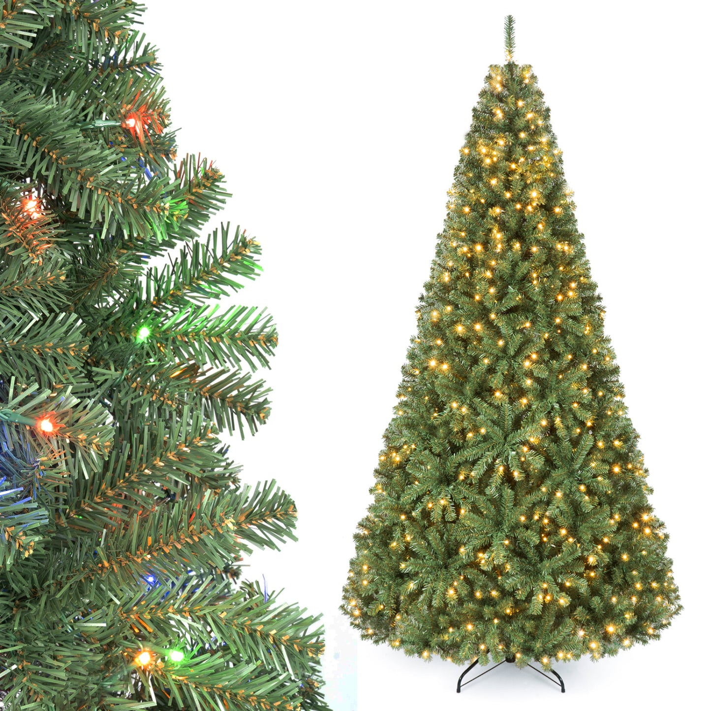 Sapin de Noël artificiel de 2,4 m, pied pliable, 2 couleurs d'éclairage