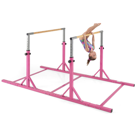 8 FT Double Horizontal Bars with 13-Level Adjustable Heights and 6-Level Adjustable Width, Pink
