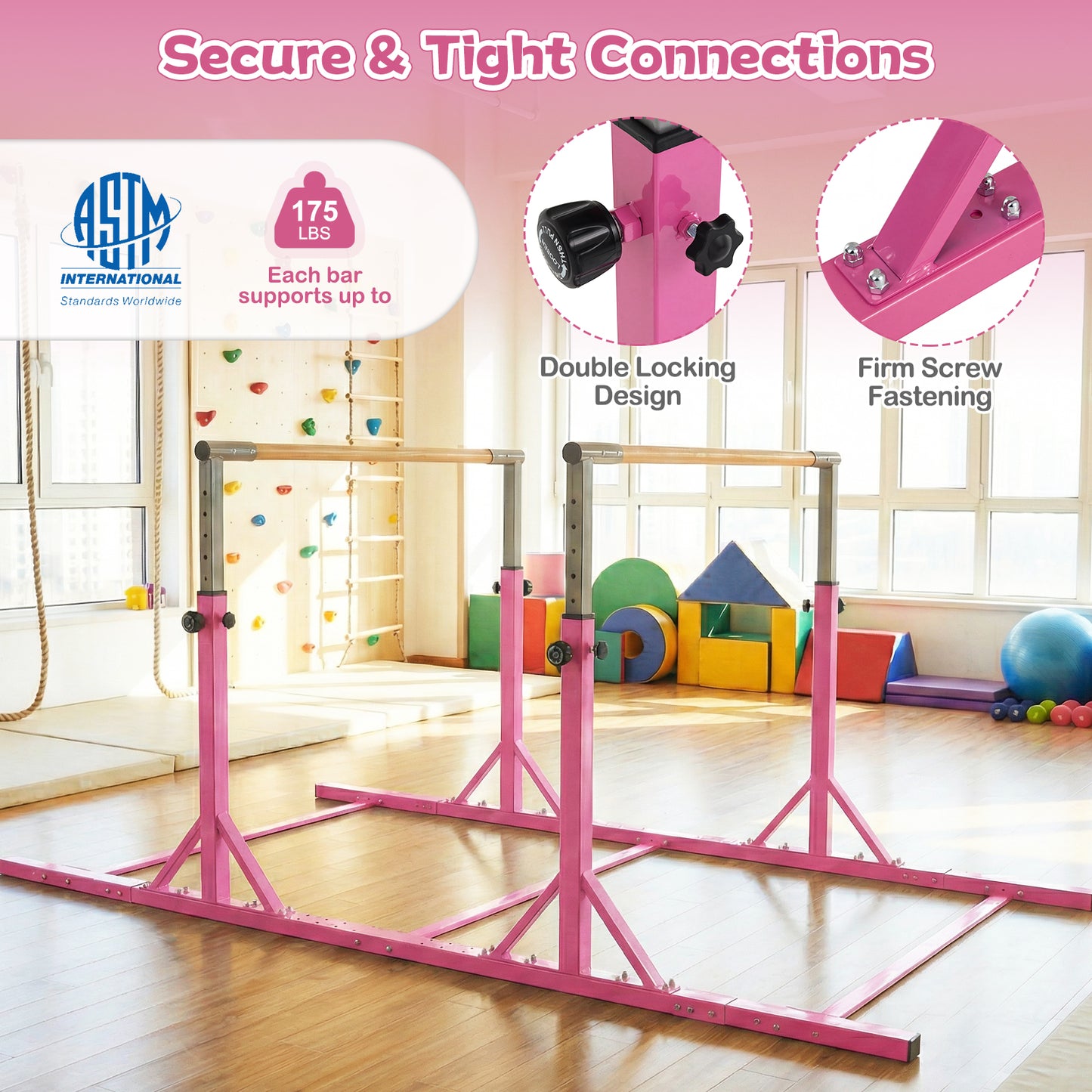 8 FT Double Horizontal Bars with 13-Level Adjustable Heights and 6-Level Adjustable Width, Pink Yoga Accessories at Gallery Canada
