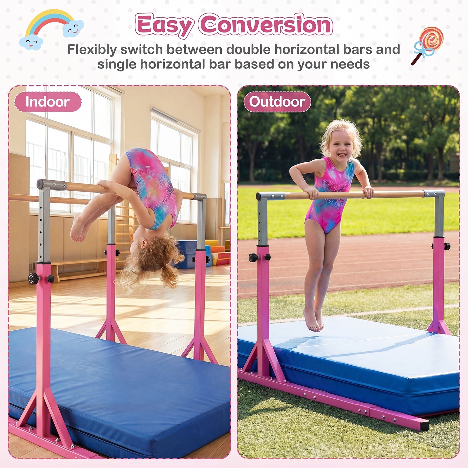 8 FT Double Horizontal Bars with 13-Level Adjustable Heights and 6-Level Adjustable Width, Pink Yoga Accessories at Gallery Canada