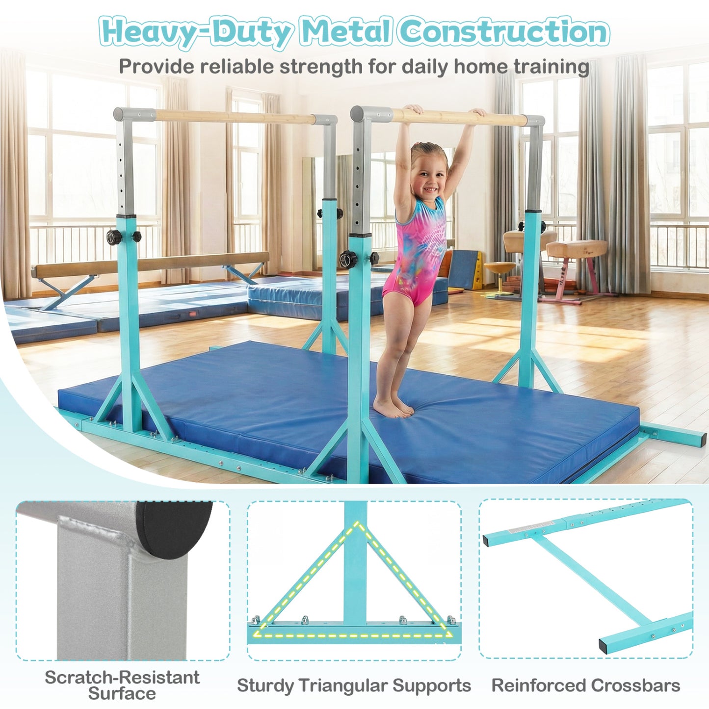 8 FT Double Horizontal Bars with 13-Level Adjustable Heights, Green Yoga Accessories at Gallery Canada
