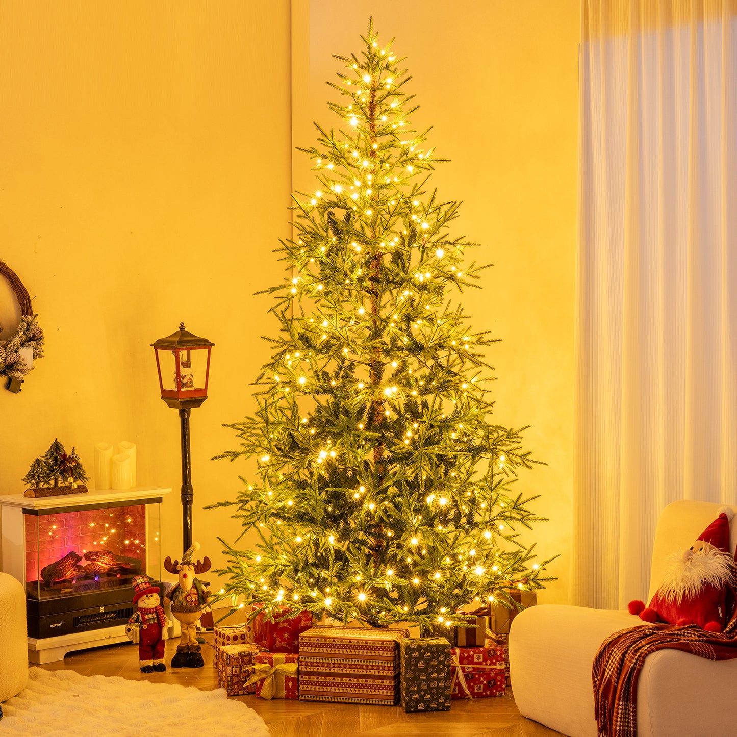 8 FT Pre-Lit Artificial Christmas Tree Hinged Xmas Tree with 400 Warm White & Multicolored LED Lights, Green Christmas Tree at Gallery Canada