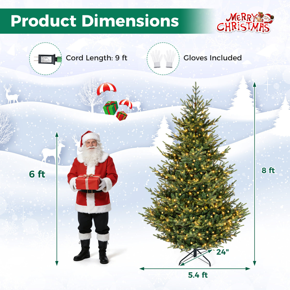 Sapin de Noël artificiel pré-éclairé de 8 pieds, 450 lumières LED blanc chaud, vert