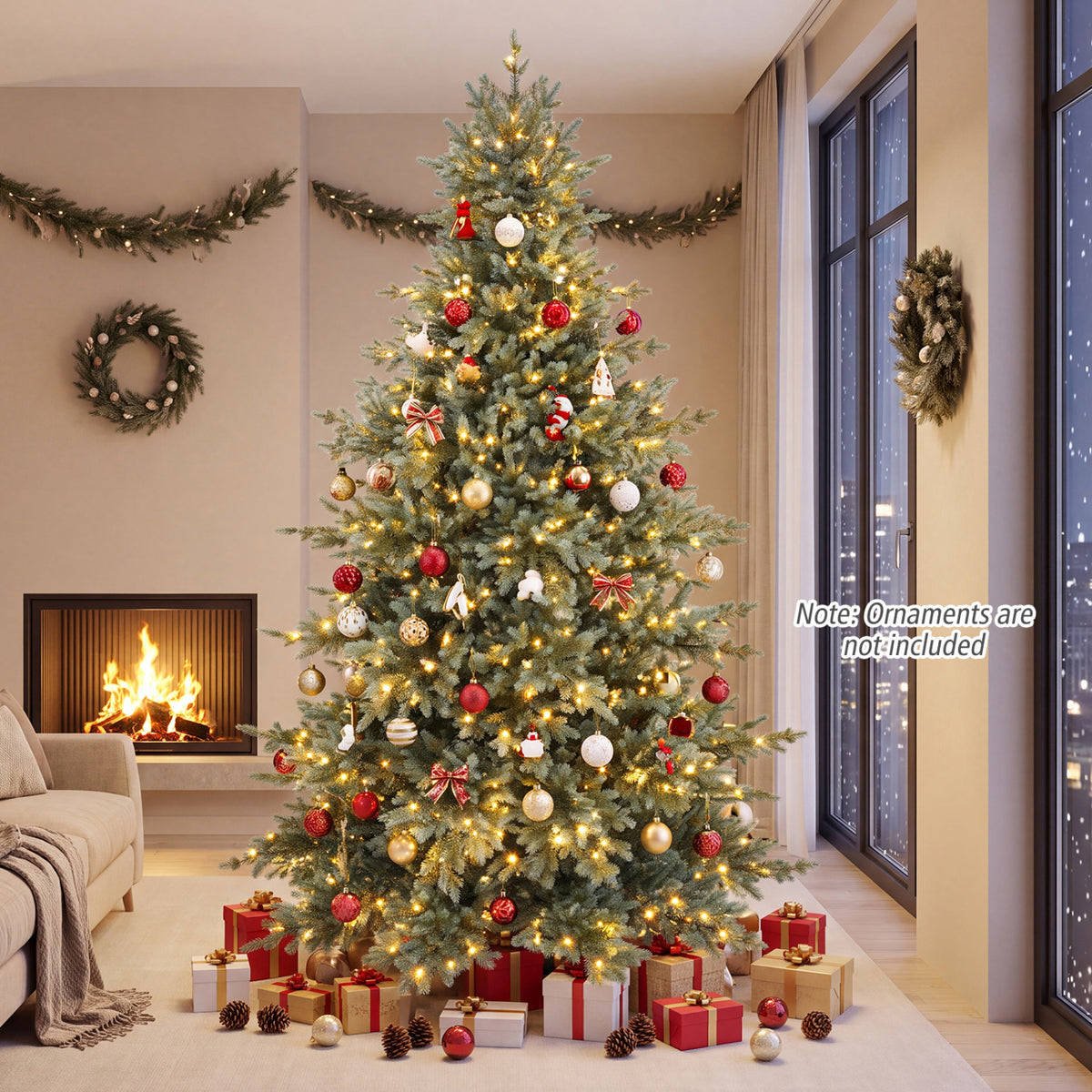 8 FT Pre-Lit Artificial Christmas Tree, 630 Warm White LED Lights, Green