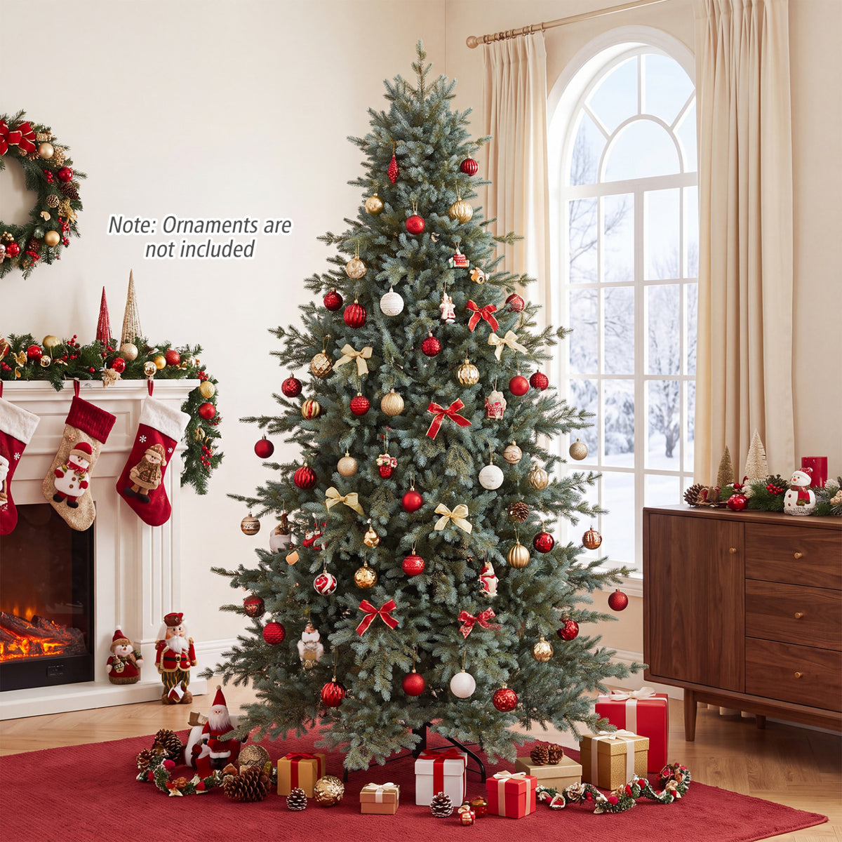 8 FT Pre-Lit Artificial Christmas Tree, 630 Warm White LED Lights, Green