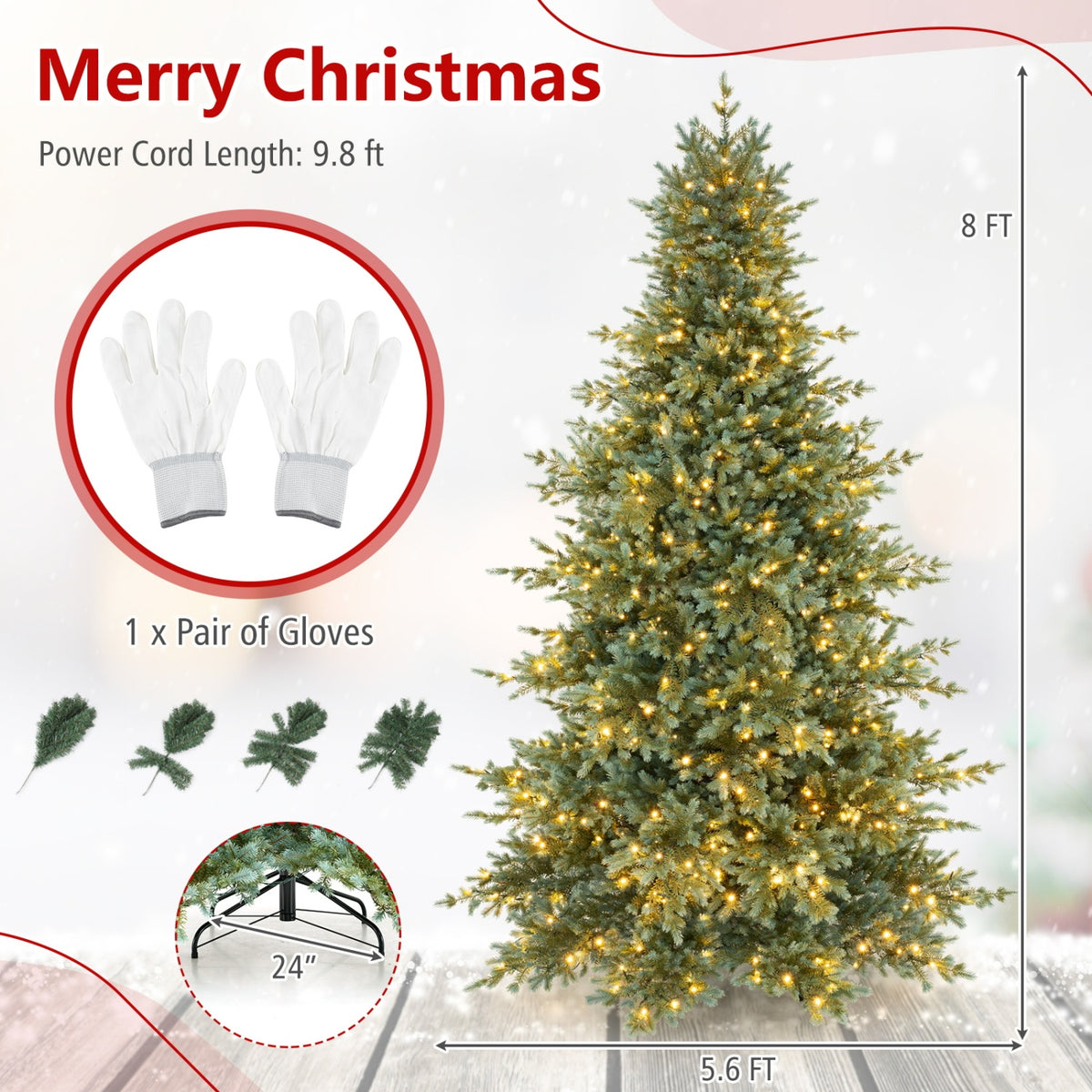 8 FT Pre-Lit Artificial Christmas Tree, 630 Warm White LED Lights, Green