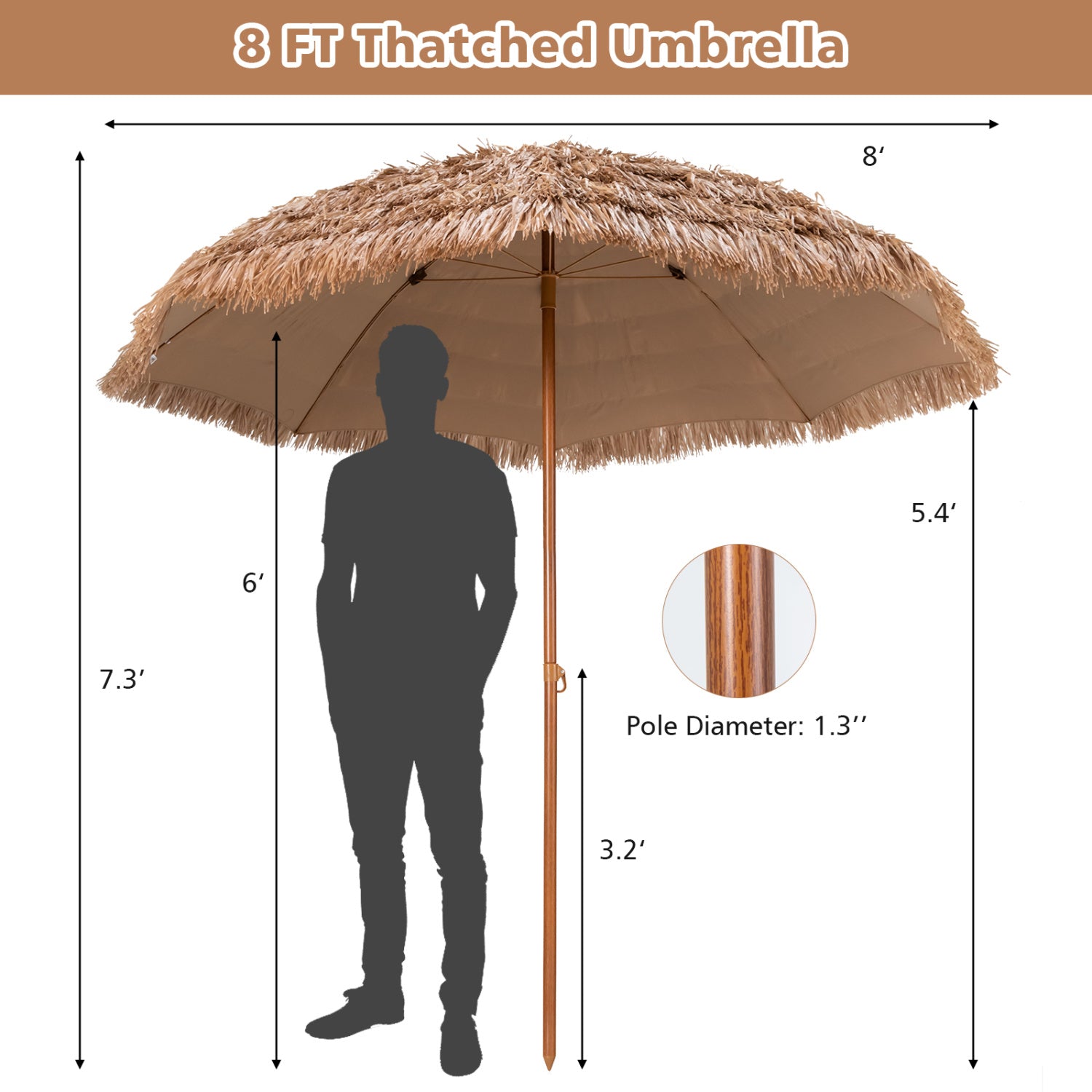 8 Feet Thatched Tiki Umbrella, Natural Outdoor Umbrellas at Gallery Canada