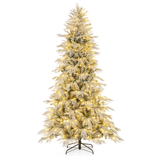 8 Feet Snow-flocked Artificial Christmas Tree Pre-lit Hinged Xmas Tree with Warm White LED Lights, White Christmas Tree White at Gallery Canada