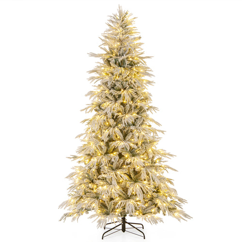 8 Feet Snow-flocked Artificial Christmas Tree Pre-lit Hinged Xmas Tree with Warm White LED Lights, White