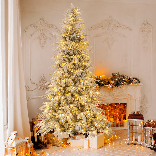 8 Feet Snow-flocked Artificial Christmas Tree Pre-lit Hinged Xmas Tree with Warm White LED Lights, White Christmas Tree White at Gallery Canada
