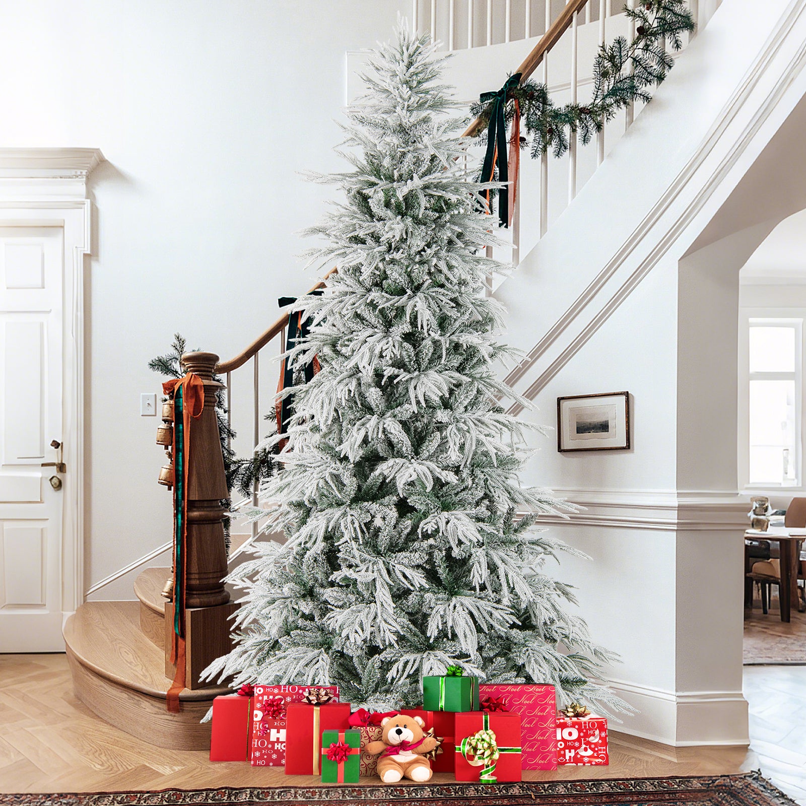 8 Feet Snow-flocked Artificial Christmas Tree Pre-lit Hinged Xmas Tree with Warm White LED Lights, White Christmas Tree at Gallery Canada