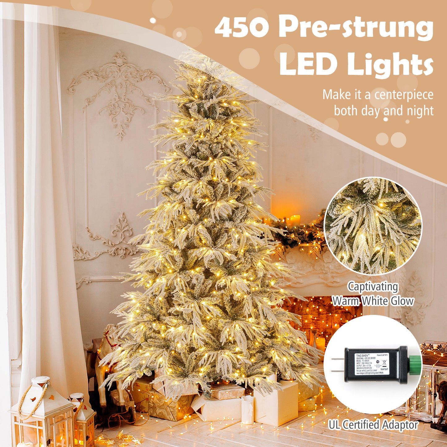 8 Feet Snow-flocked Artificial Christmas Tree Pre-lit Hinged Xmas Tree with Warm White LED Lights, White Christmas Tree at Gallery Canada