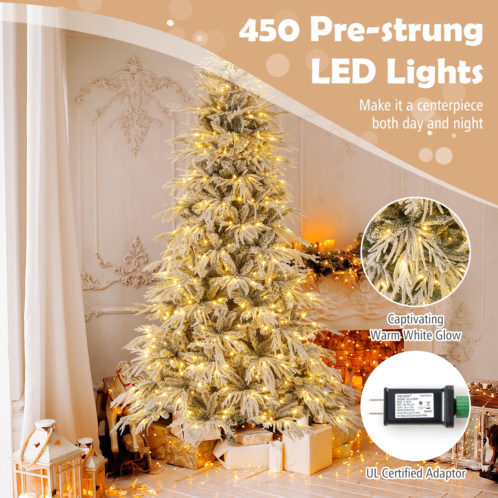 8 Feet Snow-flocked Artificial Christmas Tree Pre-lit Hinged Xmas Tree with Warm White LED Lights, White Christmas Tree at Gallery Canada