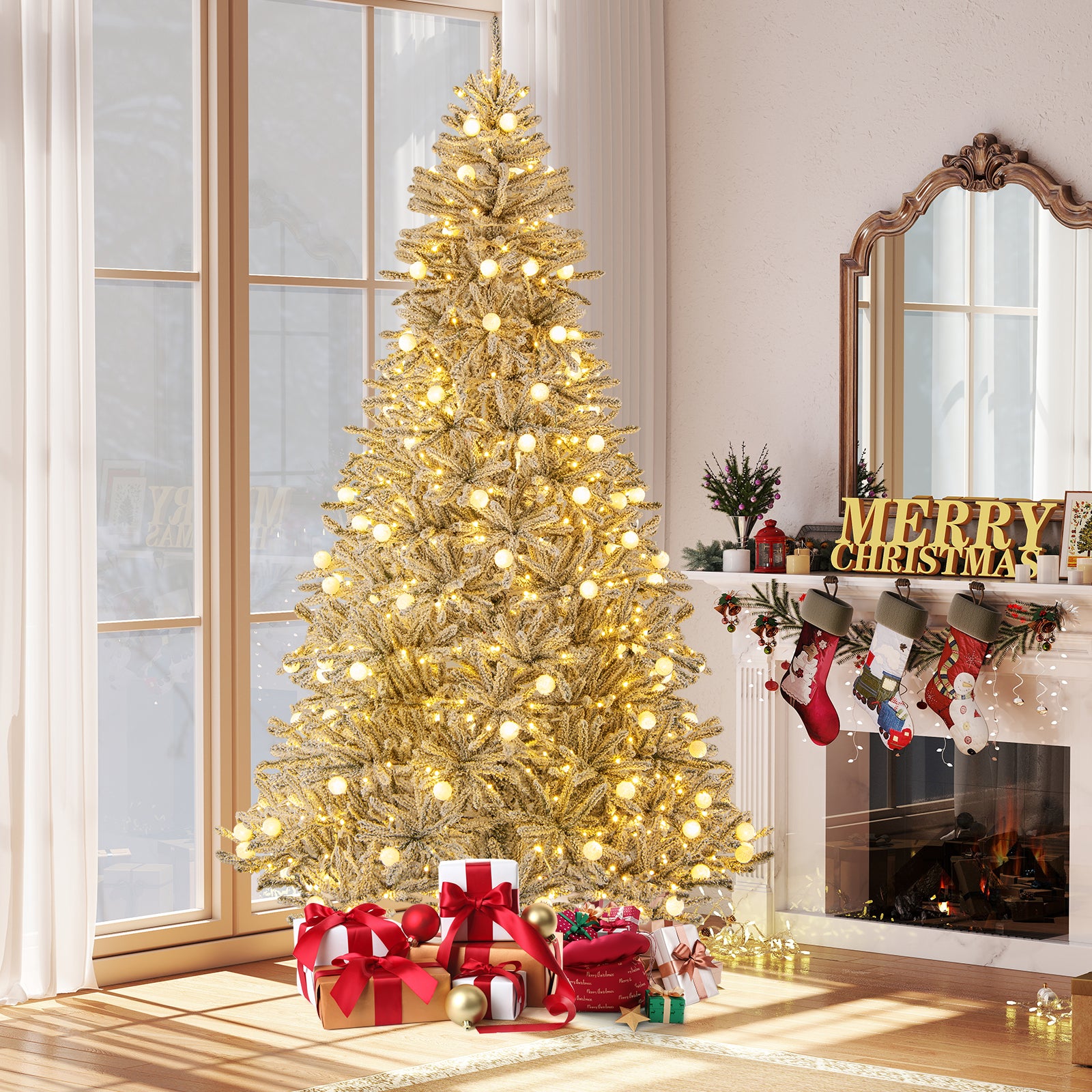 8 Feet Snow-flocked Artificial Christmas Tree Pre-lit Hinged with 81 Sphere Lights and Remote-L, Green Christmas Tree at Gallery Canada