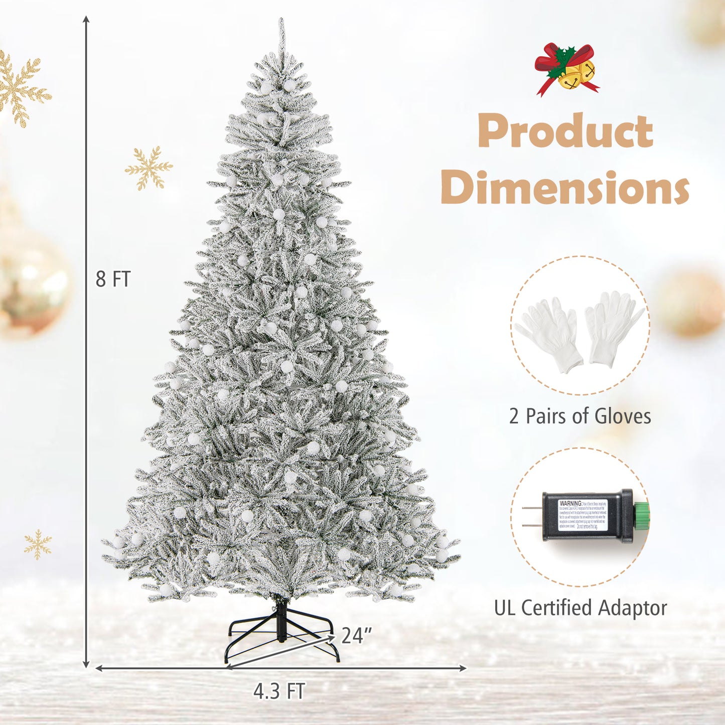 8 Feet Snow-flocked Artificial Christmas Tree Pre-lit Hinged with 81 Sphere Lights and Remote-L, Green Christmas Tree at Gallery Canada