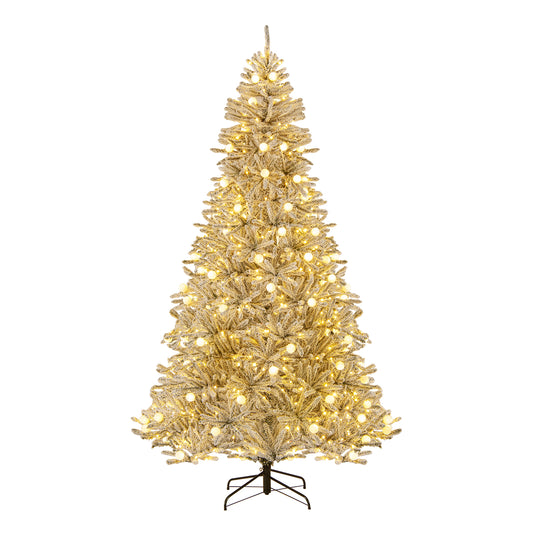 8 Feet Snow-flocked Artificial Christmas Tree Pre-lit Hinged with 81 Sphere Lights and Remote-L, Green