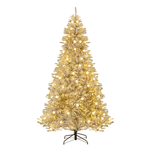 8 Feet Snow-flocked Artificial Christmas Tree Pre-lit Hinged with 81 Sphere Lights and Remote-L, Green