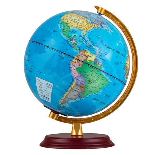 8 Inch Illuminated World Globe Night Light, Wooden Stand, HD Map, Blue