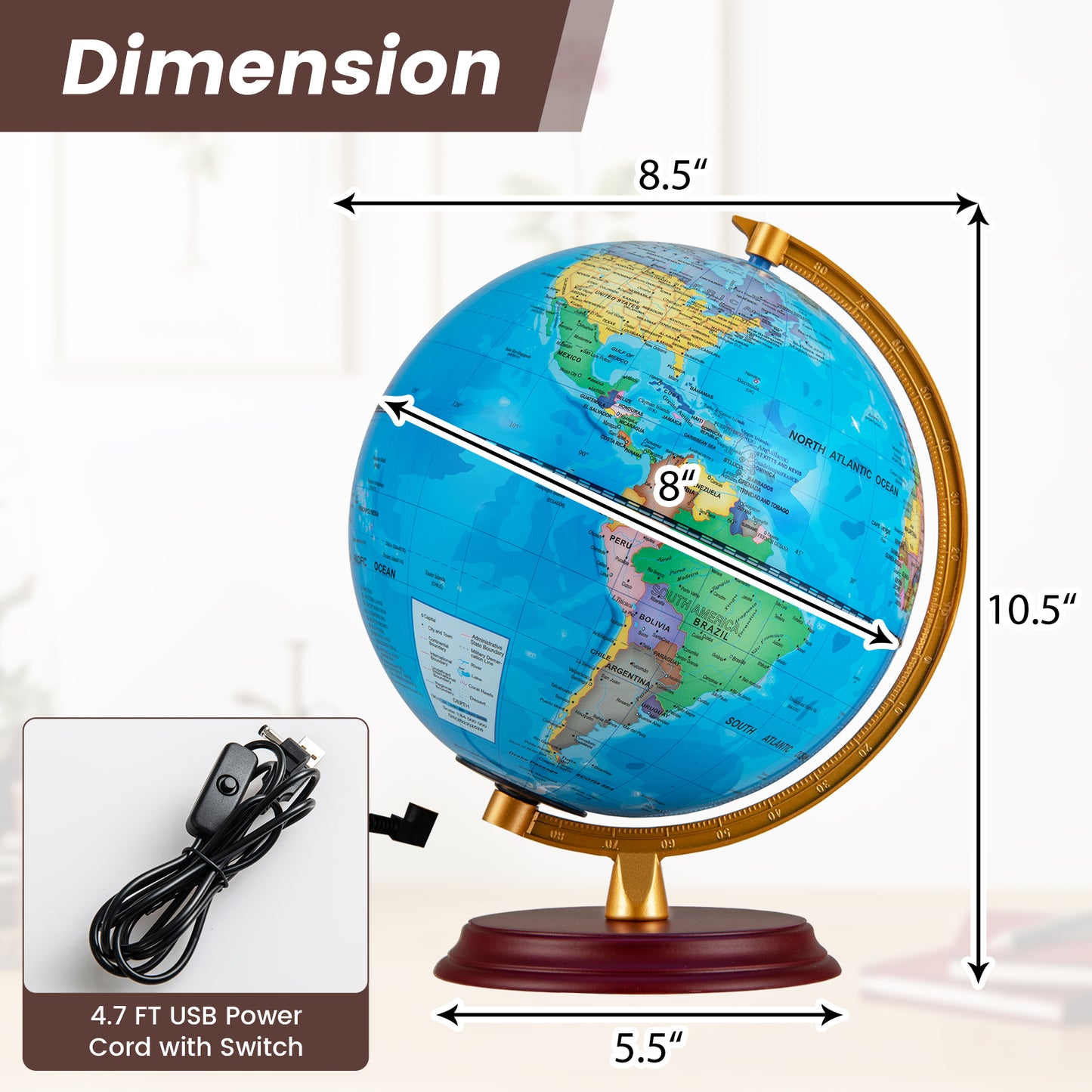 8 Inch Illuminated World Globe Night Light up Globe Lamp with Wooden Stand and HD Map, Blue Learning Toys at Gallery Canada