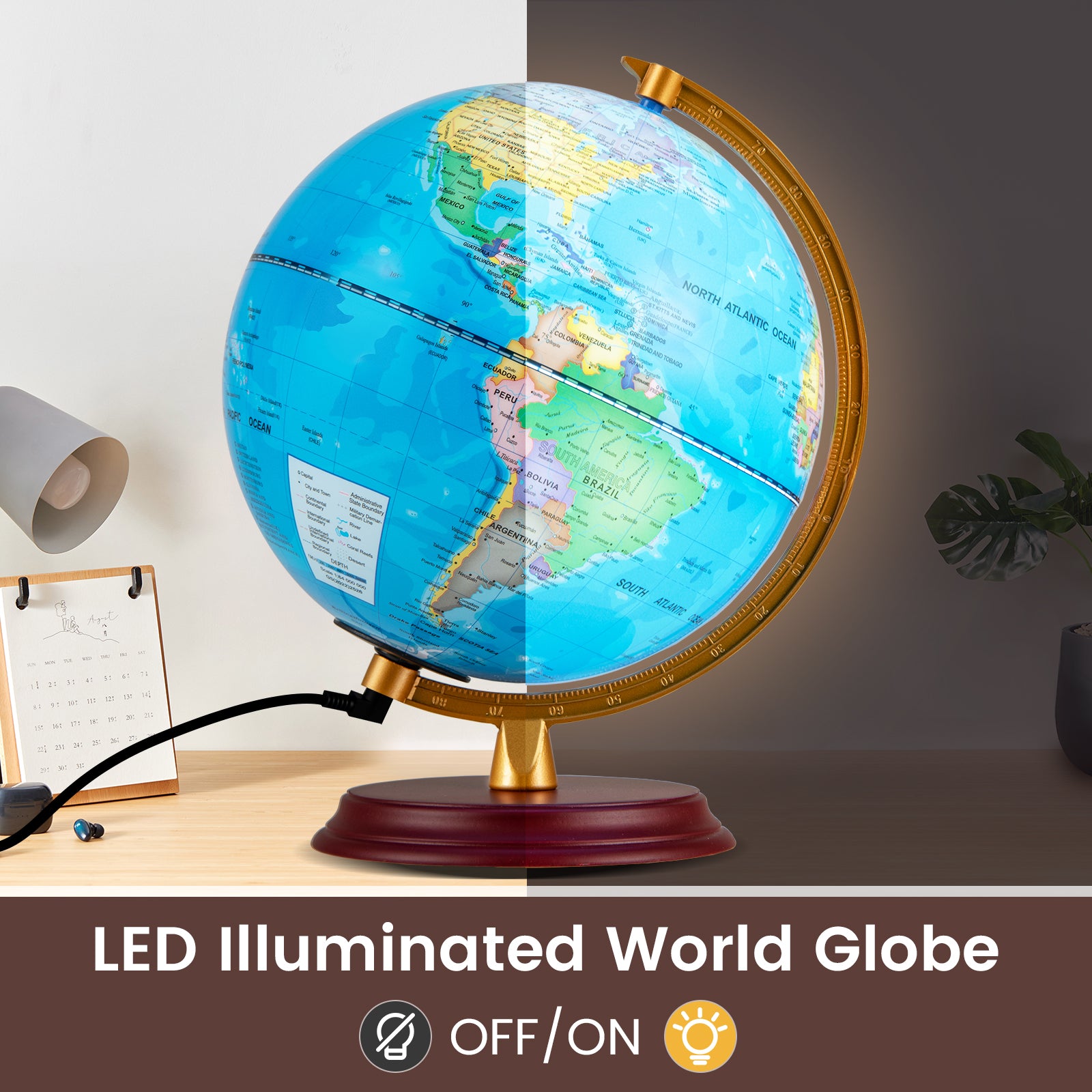 8 Inch Illuminated World Globe Night Light up Globe Lamp with Wooden Stand and HD Map, Blue Learning Toys at Gallery Canada
