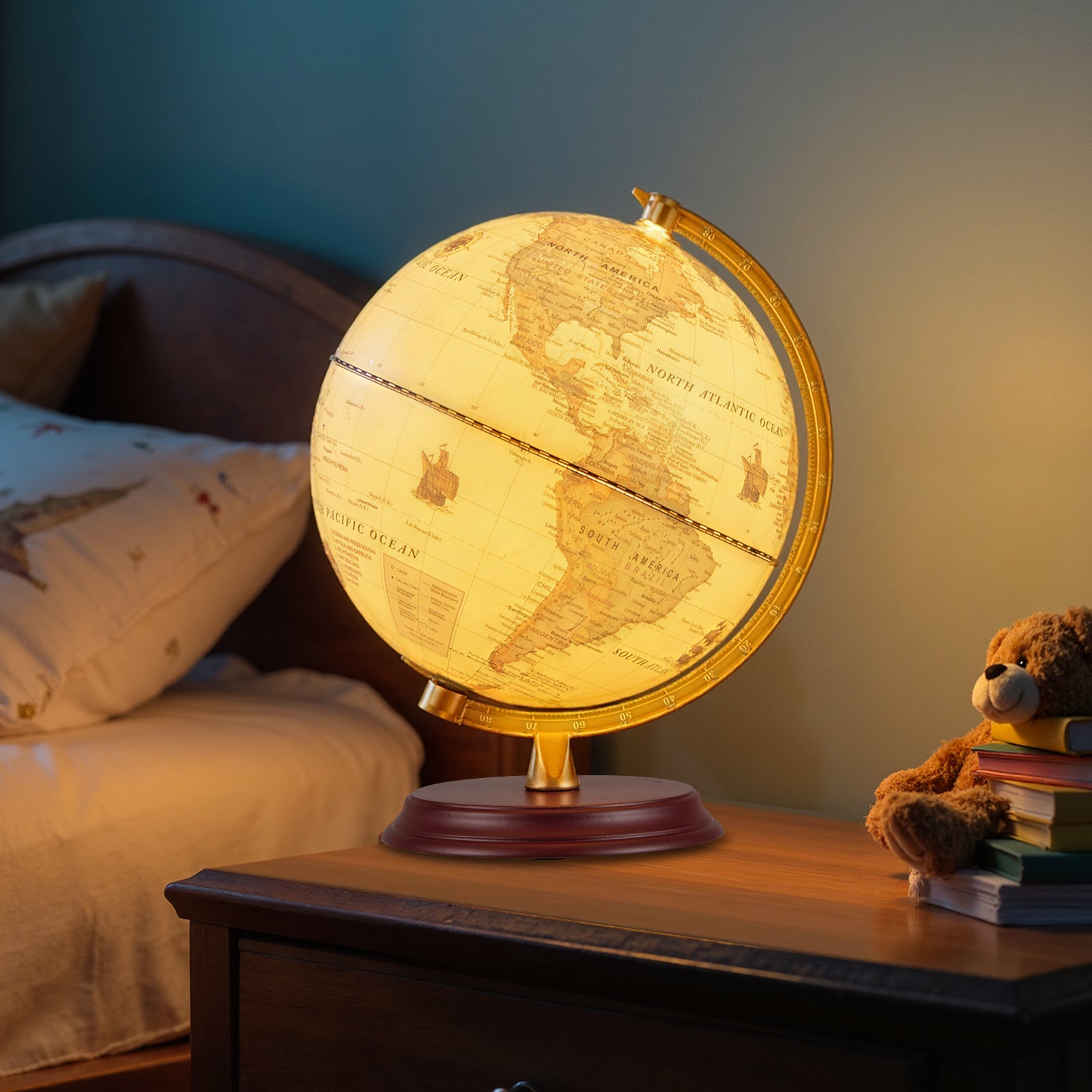 8 Inch Illuminated World Globe Night Light up Globe Lamp with Wooden Stand and HD Map-Brozen, Bronze Learning Toys at Gallery Canada