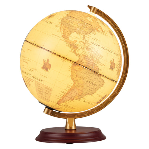 8 Inch Illuminated World Globe Night Light, Wooden Stand, HD Map, Bronze