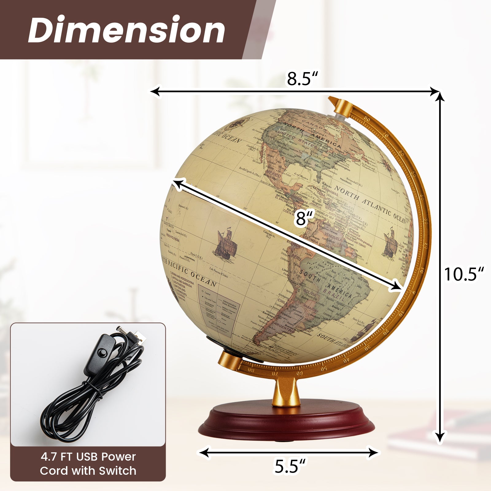 8 Inch Illuminated World Globe Night Light up Globe Lamp with Wooden Stand and HD Map-Brozen, Bronze Learning Toys at Gallery Canada