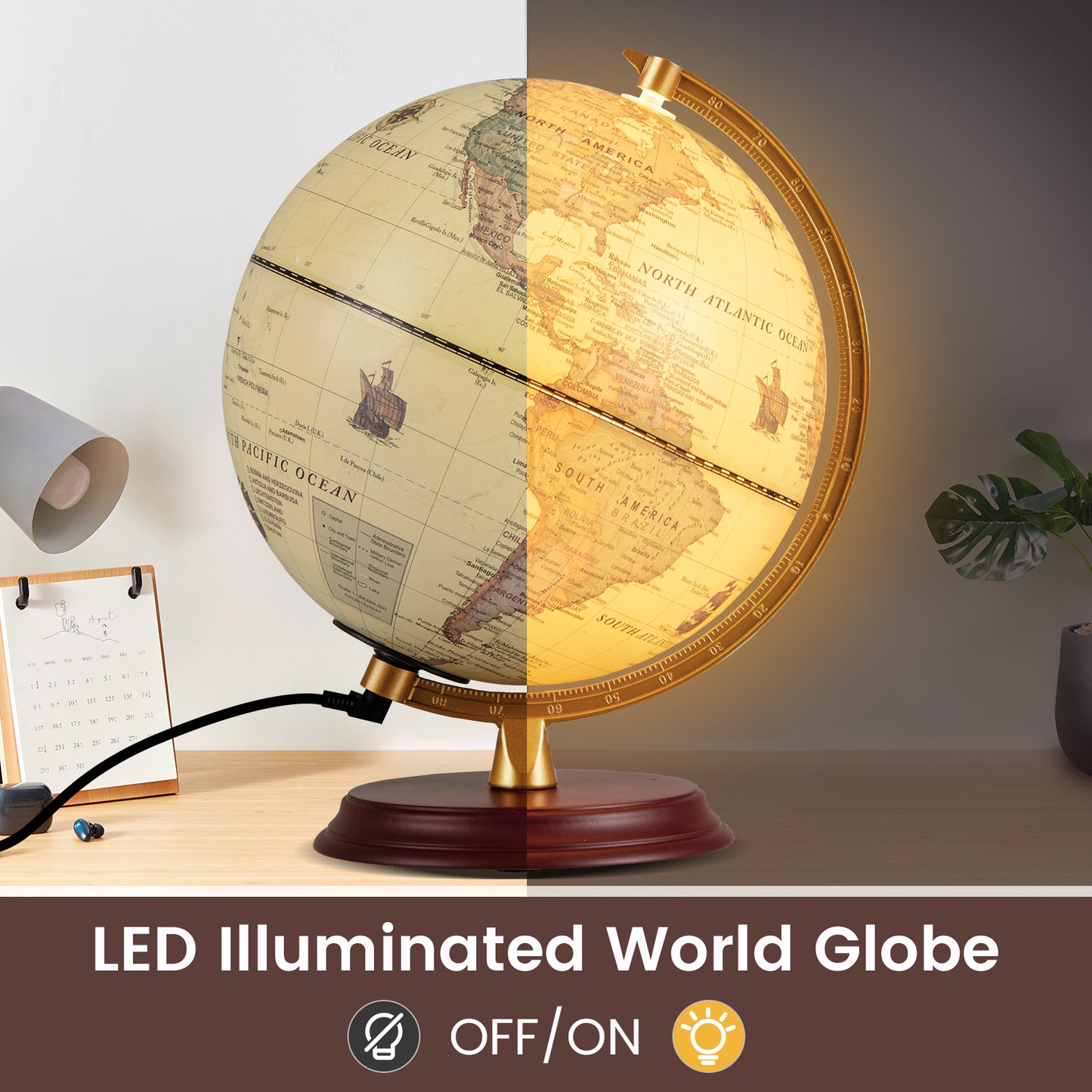 8 Inch Illuminated World Globe Night Light up Globe Lamp with Wooden Stand and HD Map-Brozen, Bronze Learning Toys at Gallery Canada