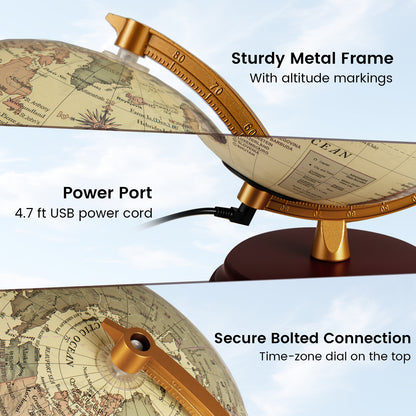 8 Inch Illuminated World Globe Night Light, Wooden Stand, HD Map, Bronze Learning Toys at Gallery Canada