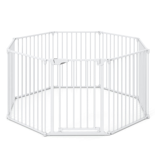 8-Panel Extra Wide Baby Gate Adjustable Pet Safety Fence with Auto-close Door, White