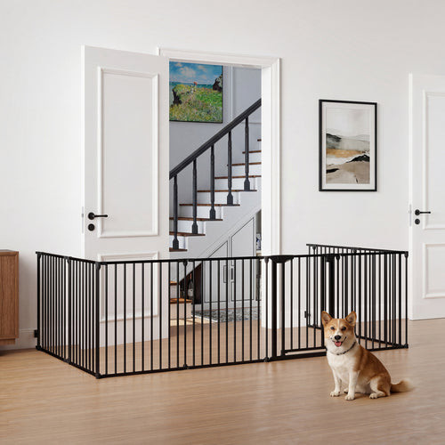 8-Panel Extra Wide Baby Gate Adjustable Pet Safety Fence with Auto-close Door, Black