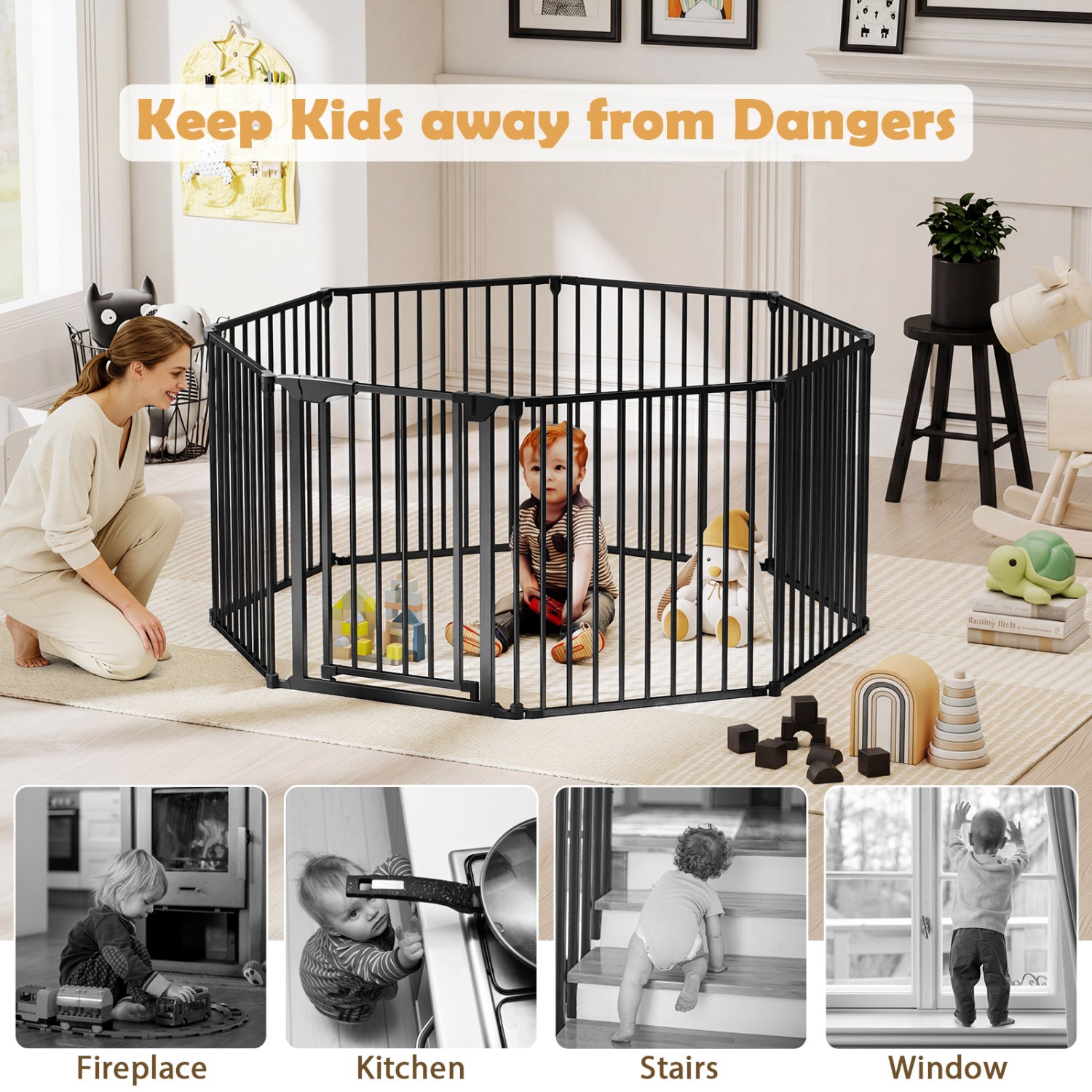 8-Panel Extra Wide Baby Gate Adjustable Pet Safety Fence with Auto-close Door, Black Pet Gate at Gallery Canada