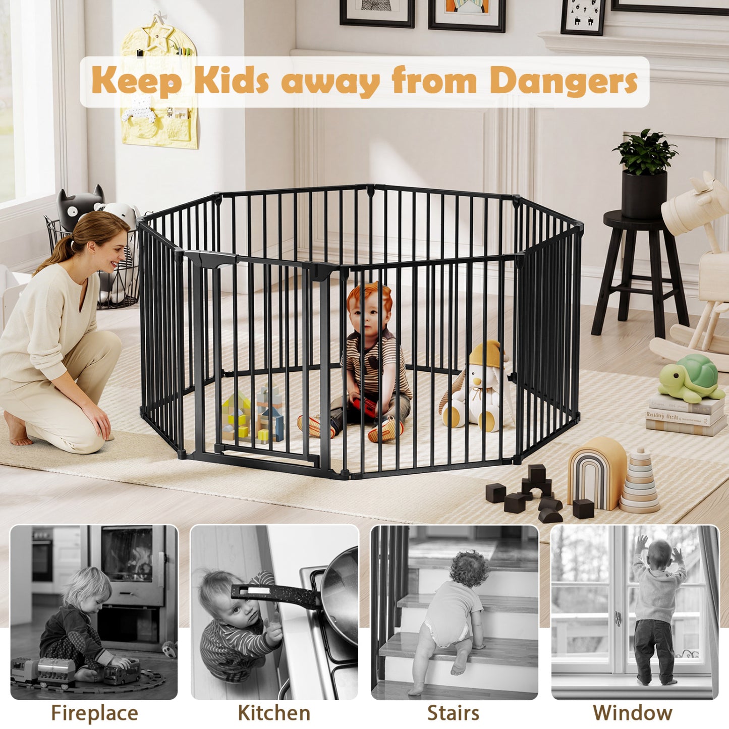 8-Panel Extra Wide Baby Gate Adjustable Pet Safety Fence with Auto-close Door, Black Pet Gate at Gallery Canada