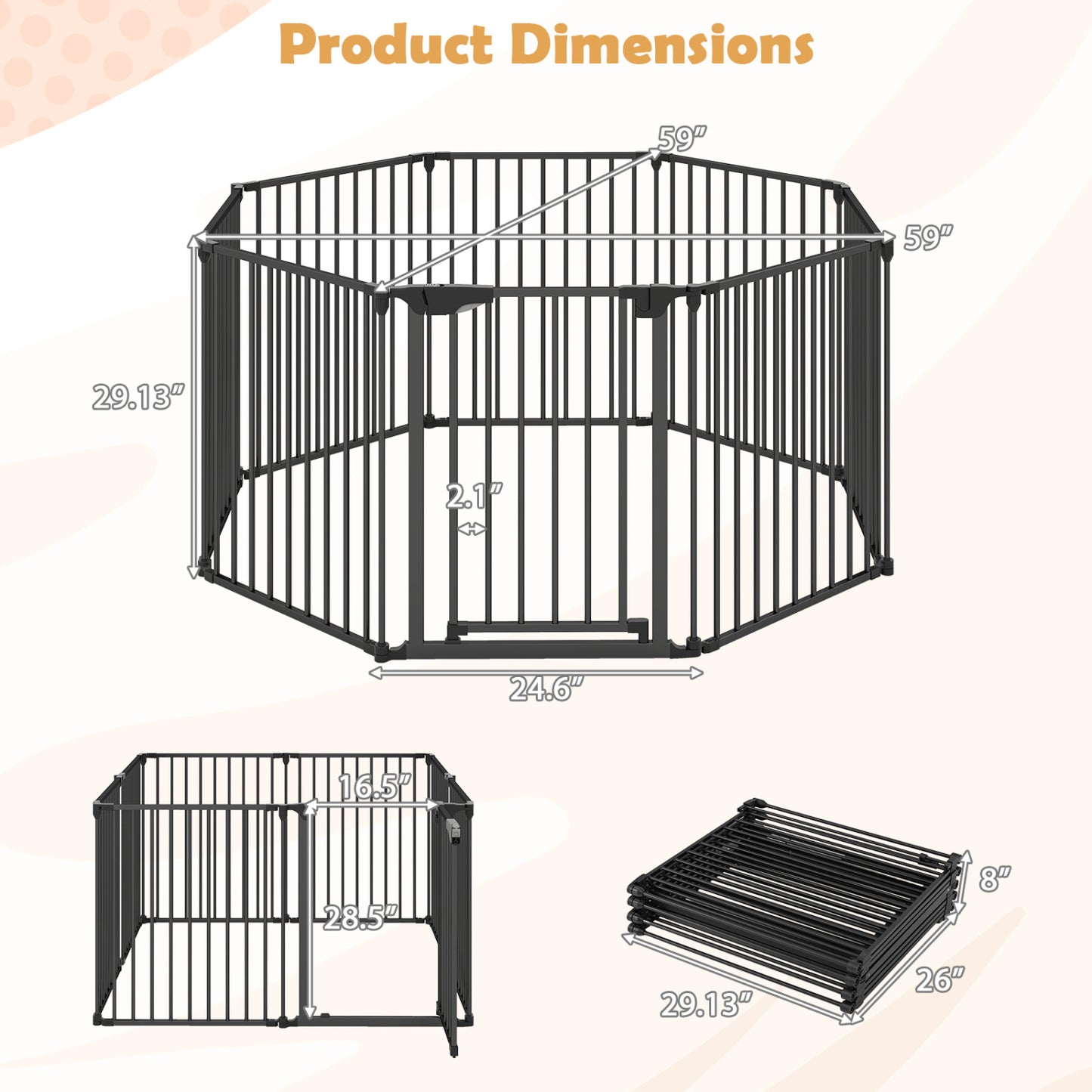 8-Panel Extra Wide Baby Gate Adjustable Pet Safety Fence with Auto-close Door, Black Pet Gate at Gallery Canada