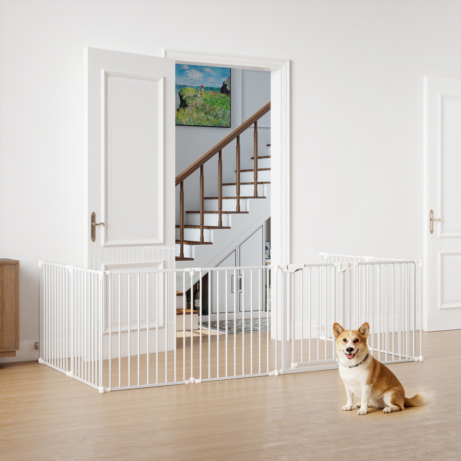 8-Panel Extra Wide Baby Gate Adjustable Pet Safety Fence with Auto-close Door, White Pet Gate at Gallery Canada