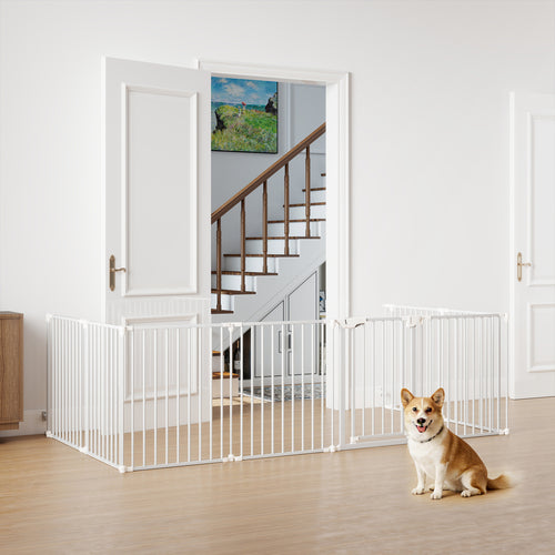 8-Panel Extra Wide Baby Gate Adjustable Pet Safety Fence with Auto-close Door, White