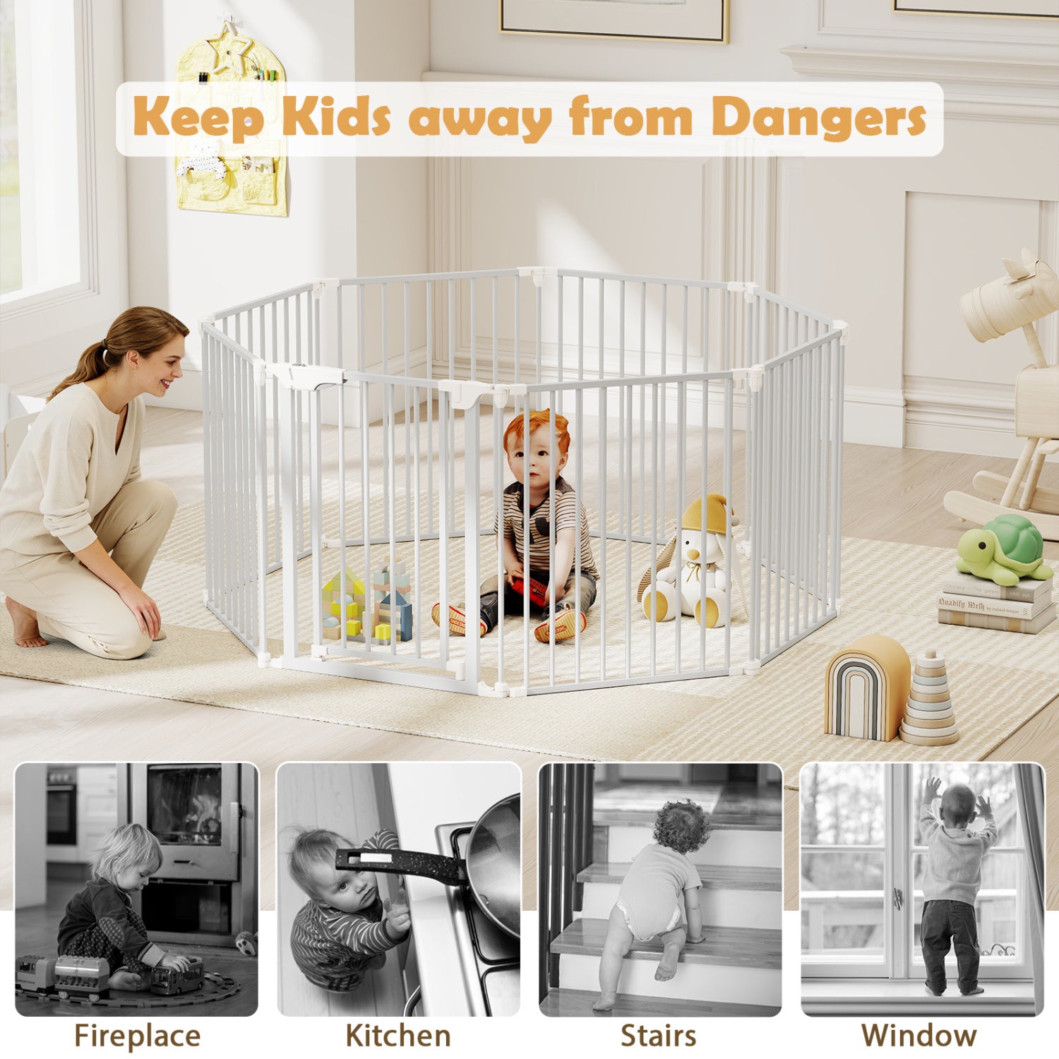 8-Panel Extra Wide Baby Gate Adjustable Pet Safety Fence with Auto-close Door, White Pet Gate at Gallery Canada