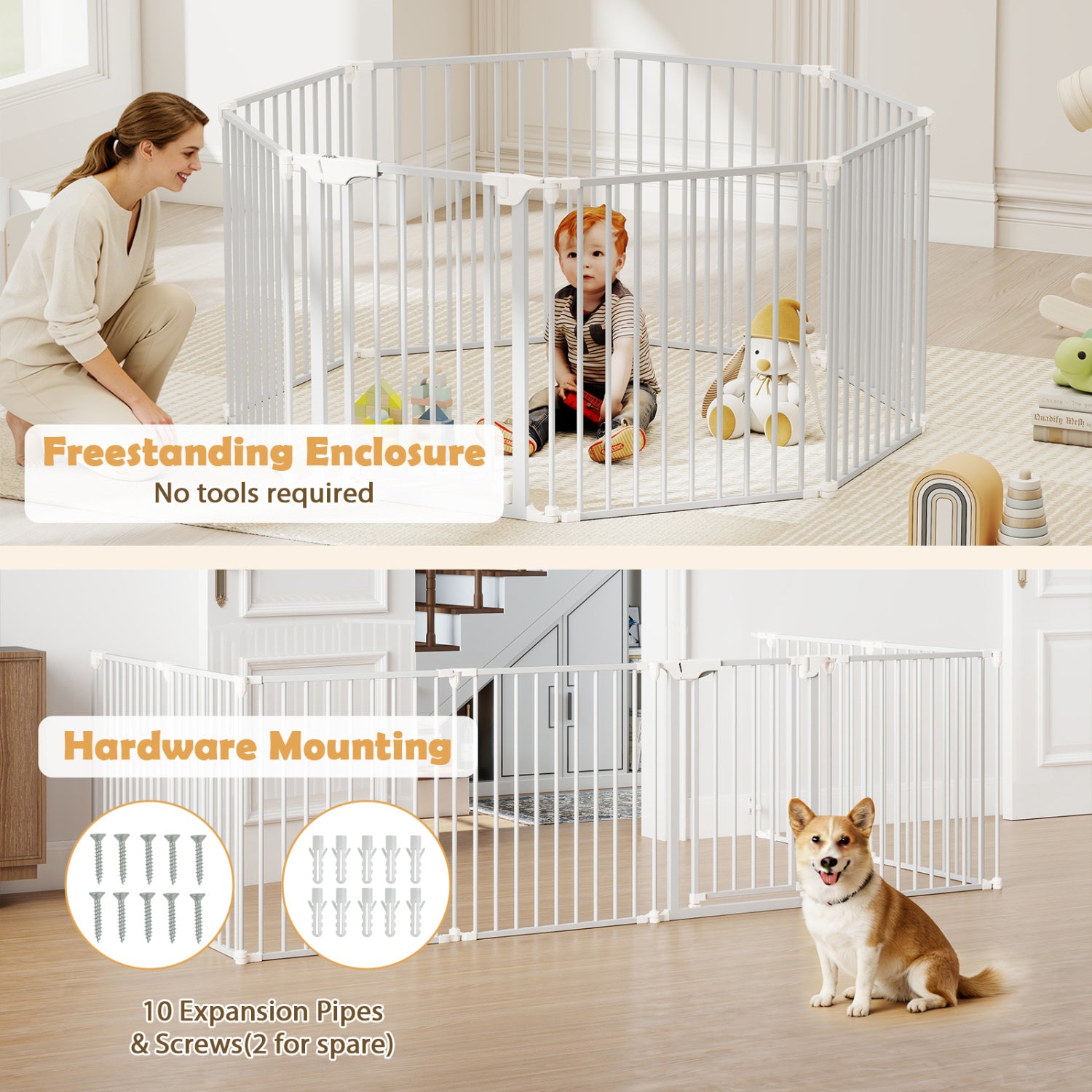8-Panel Extra Wide Baby Gate Adjustable Pet Safety Fence with Auto-close Door, White Pet Gate at Gallery Canada