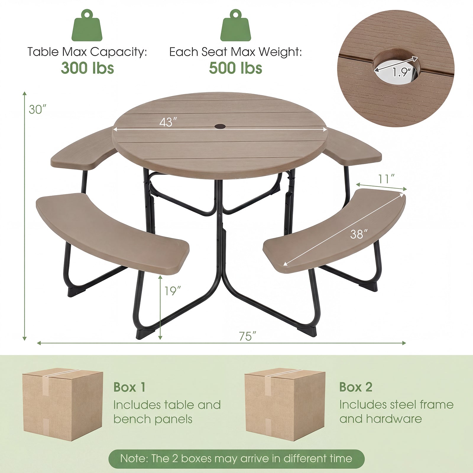 8-Person Picnic Table And Bench Set, With Umbrella Hole, Rustic Brown Picnic Tables at Gallery Canada