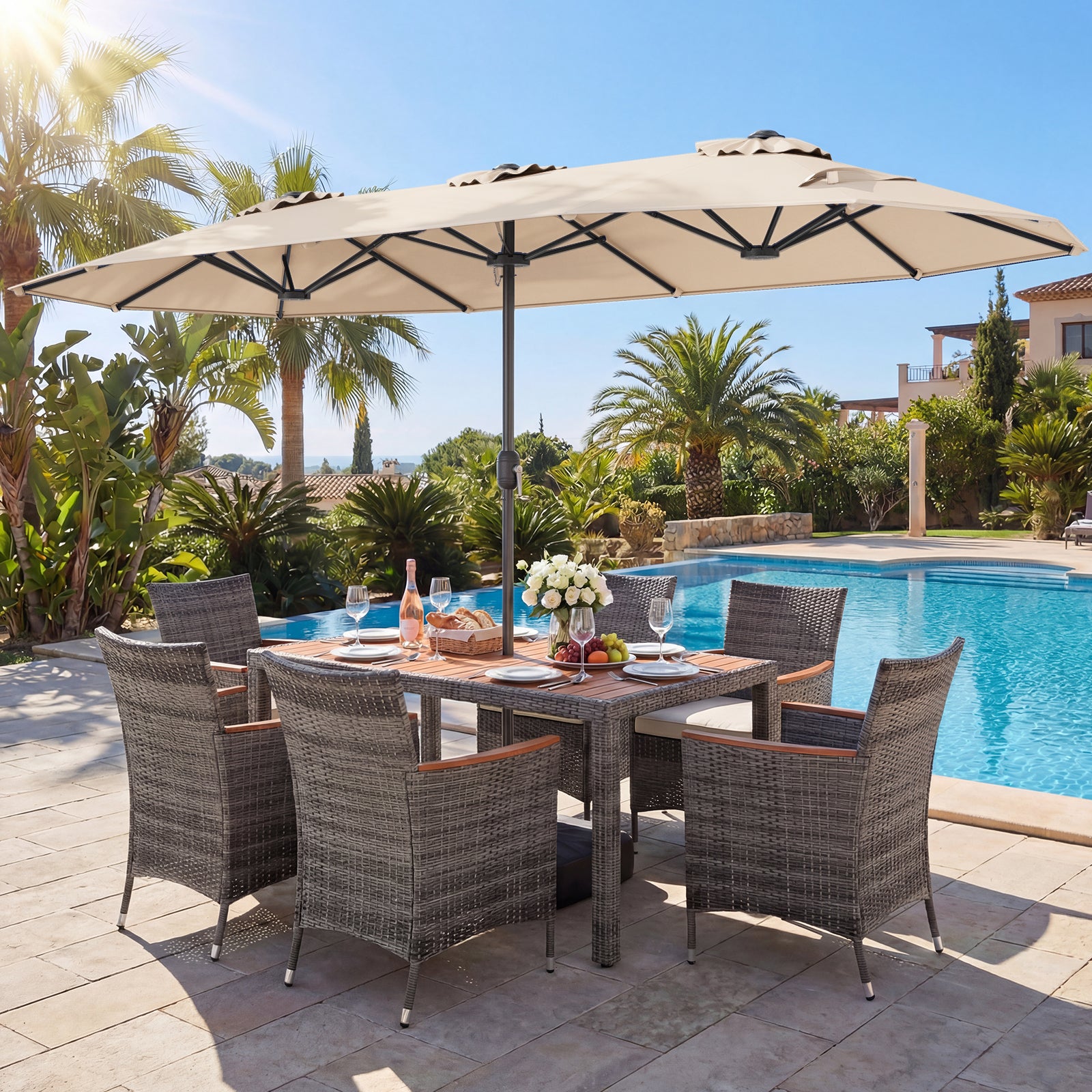 8-Piece Patio Dining Set, Double-Sided Market Umbrella, Beige Patio Dining Sets at Gallery Canada