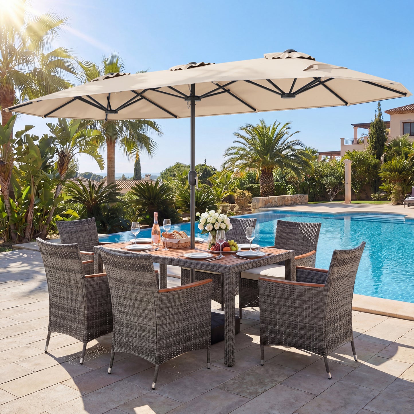 8-Piece Patio Dining Set, Double-Sided Market Umbrella, Beige Patio Dining Sets at Gallery Canada