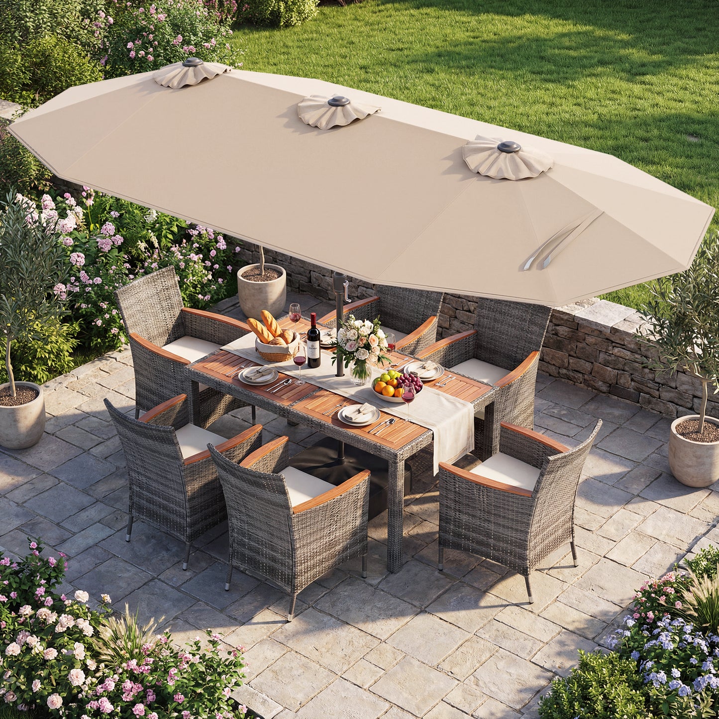 8-Piece Patio Dining Set, Double-Sided Market Umbrella, Beige Patio Dining Sets at Gallery Canada