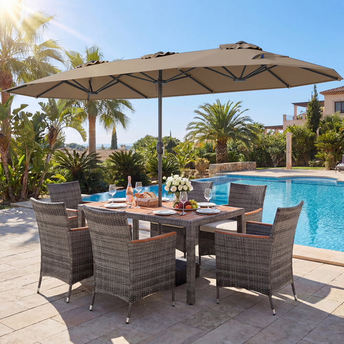 8-Piece Patio Dining Set, With Double-Sided Market Umbrella, Brown