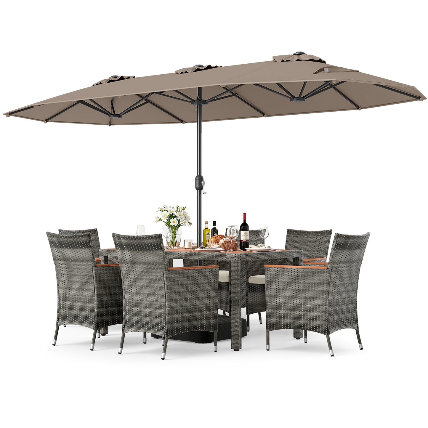 8-Piece Patio Dining Set, With Double-Sided Market Umbrella, Brown Patio Dining Sets at Gallery Canada