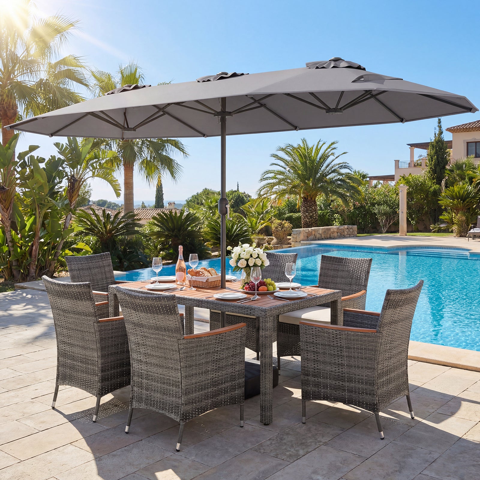 8-Piece Patio Dining Set, With Double-Sided Market Umbrella, Gray Patio Dining Sets at Gallery Canada