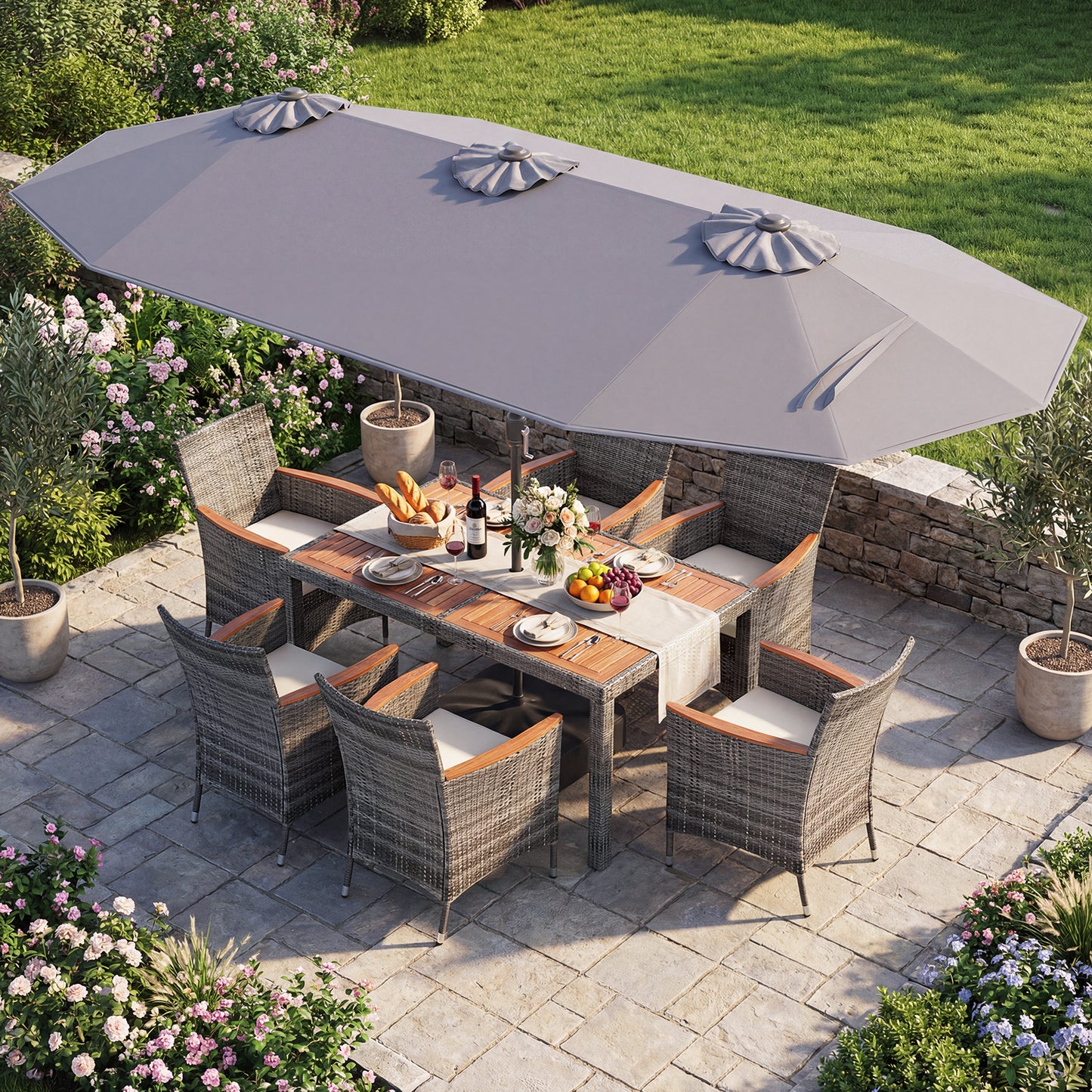 8-Piece Patio Dining Set, With Double-Sided Market Umbrella, Gray Patio Dining Sets at Gallery Canada