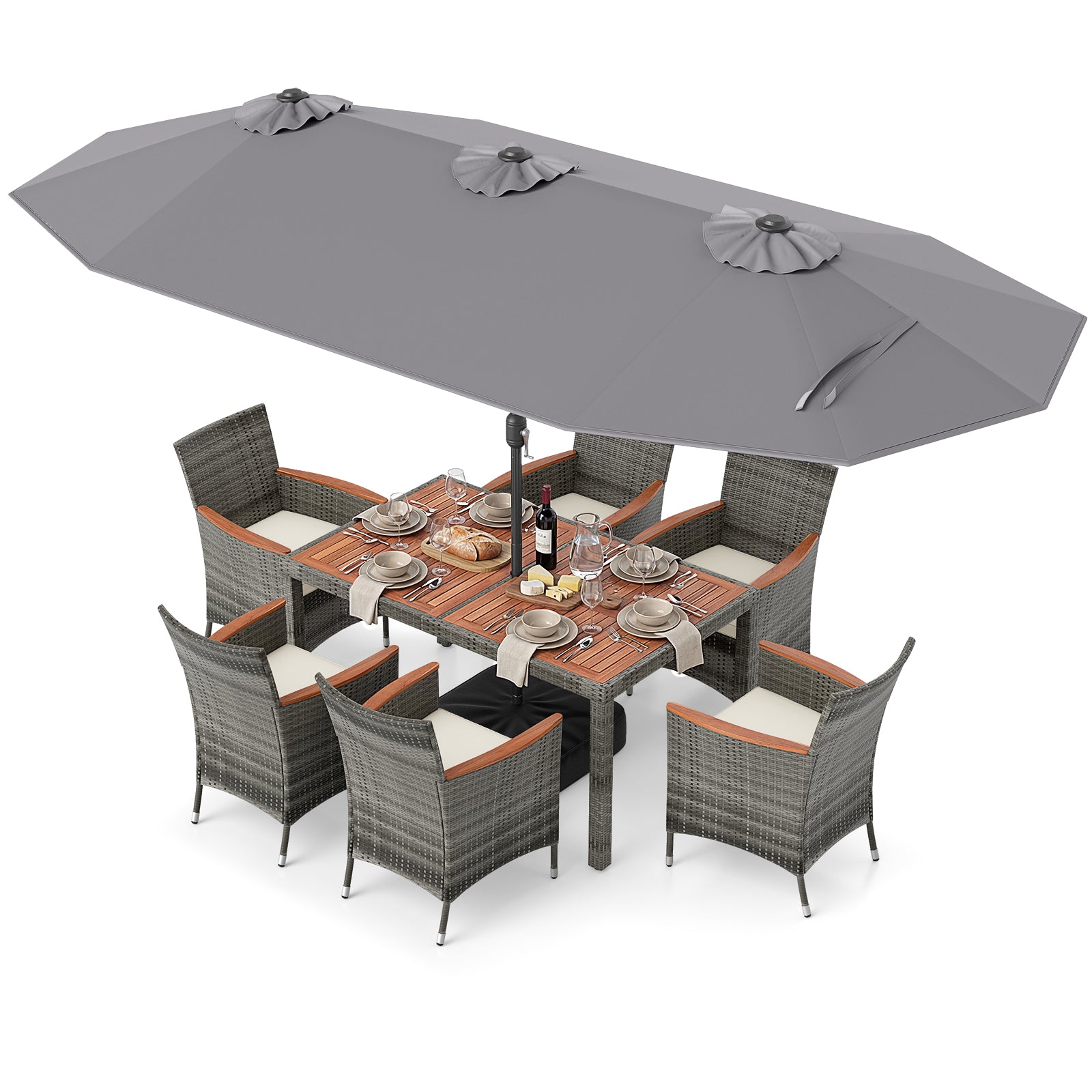 8-Piece Patio Dining Set, With Double-Sided Market Umbrella, Gray Patio Dining Sets at Gallery Canada