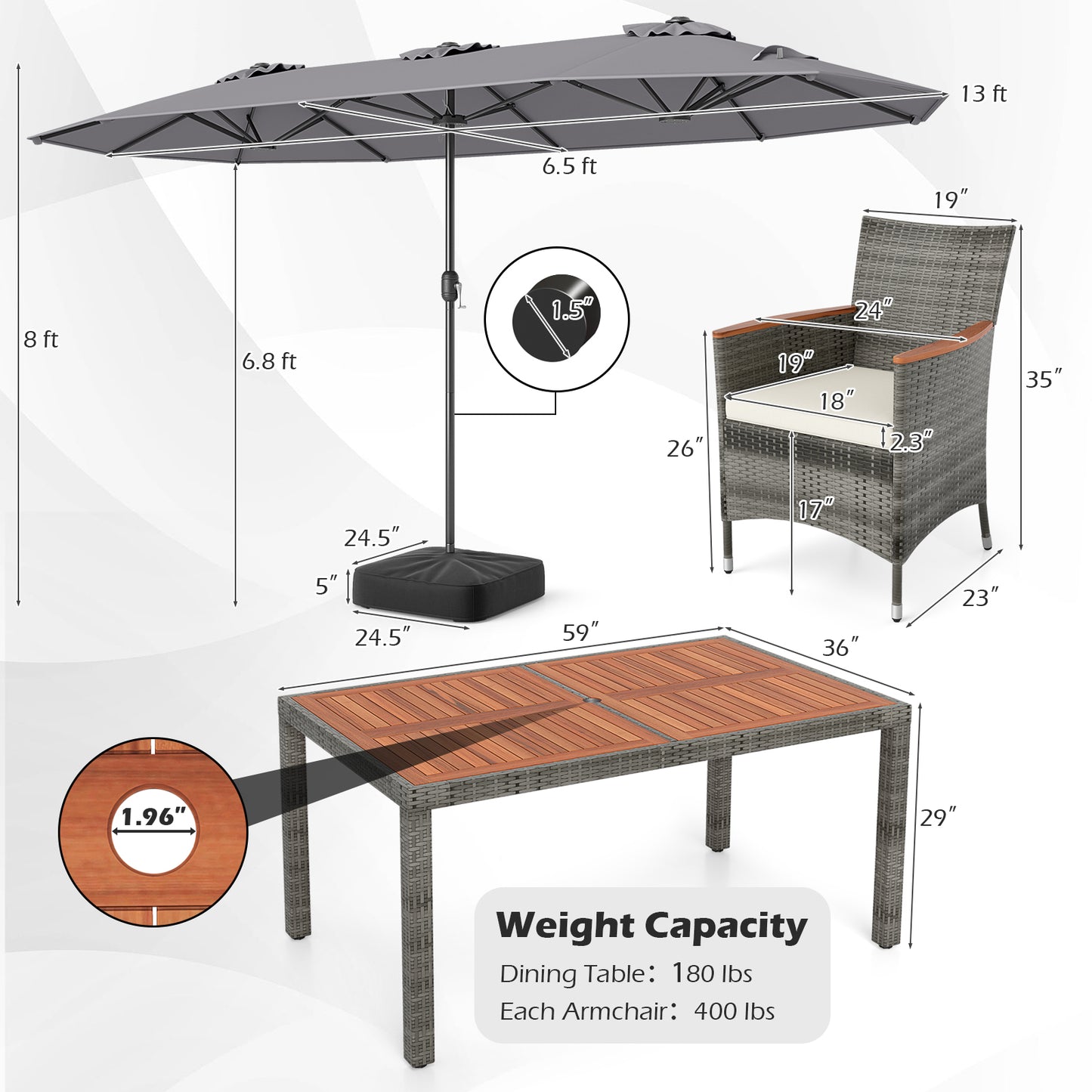 8-Piece Patio Dining Set, With Double-Sided Market Umbrella, Gray Patio Dining Sets at Gallery Canada