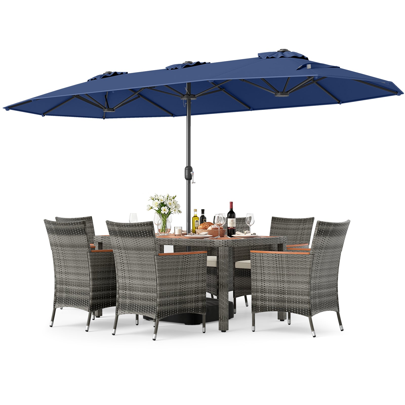 8-Piece Patio Dining Set, With Double-Sided Market Umbrella, Navy Patio Dining Sets Navy at Gallery Canada